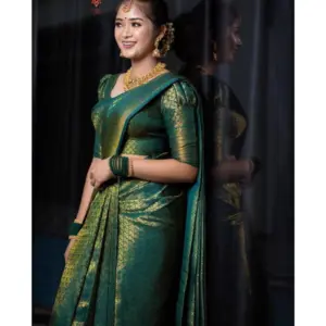 Women's Soft Lichi Silk Printed Saree with Blouse – Green