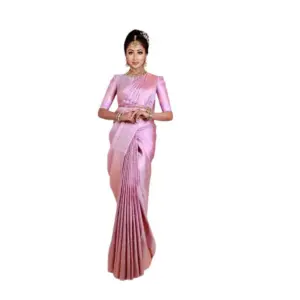 Women's Soft Lichi Silk Printed Saree with Blouse – Pink