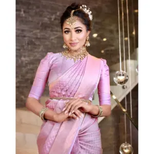 Women's Soft Lichi Silk Printed Saree with Blouse – Pink