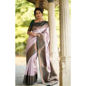 Women's Soft Lichi Silk Printed Saree with Blouse – Light Pink