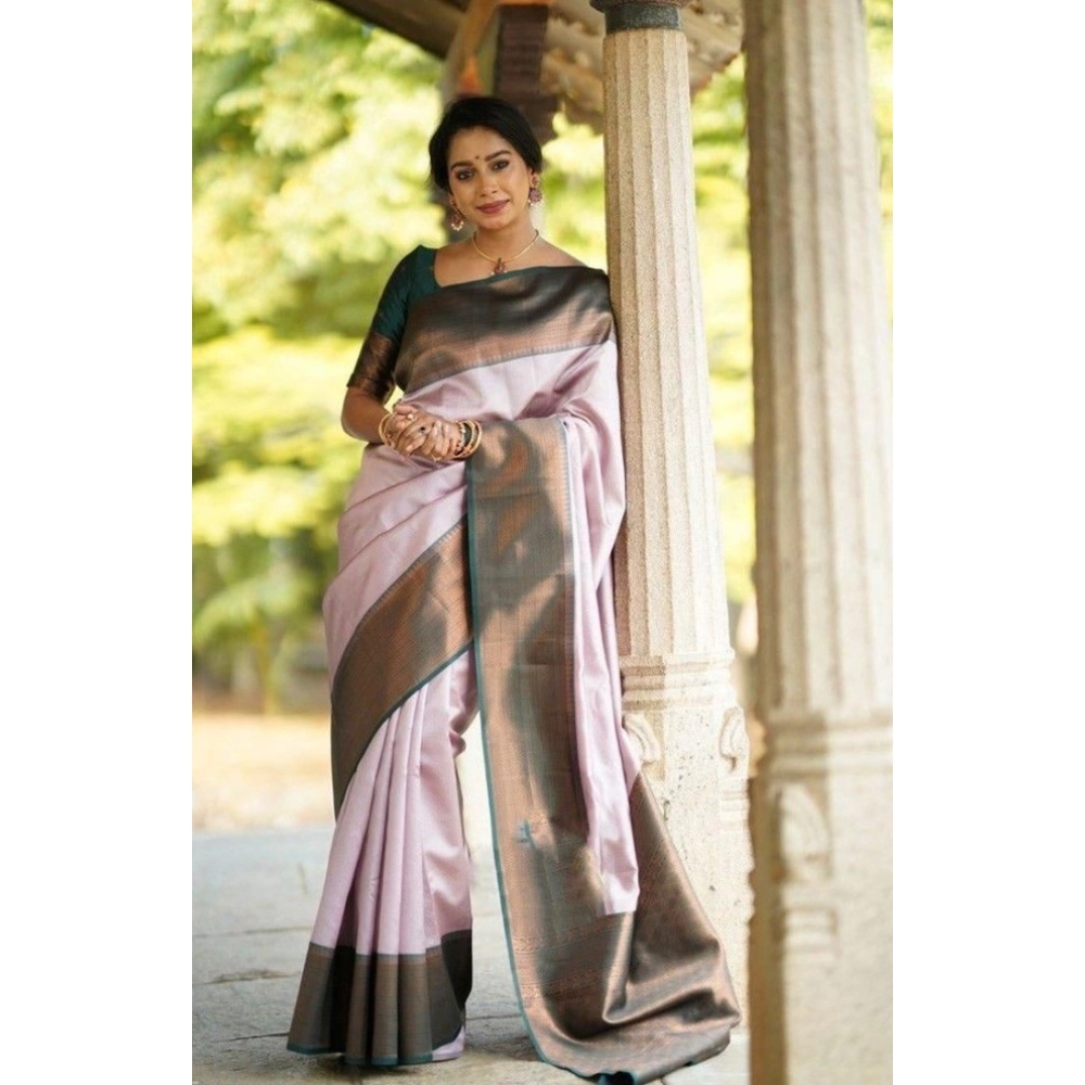 Women's Soft Lichi Silk Printed Saree with Blouse – Light Pink