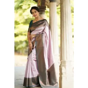 Women's Soft Lichi Silk Printed Saree with Blouse – Light Pink