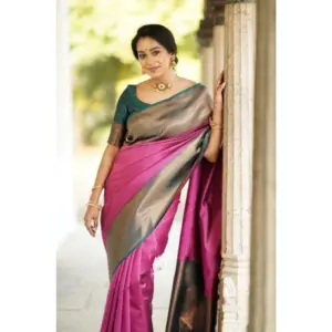 Women's Soft Lichi Silk Printed Saree with Blouse – Pink
