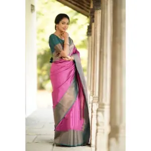 Women's Soft Lichi Silk Printed Saree with Blouse – Pink