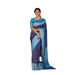 Women's Soft Lichi Silk Printed Saree with Blouse – Blue