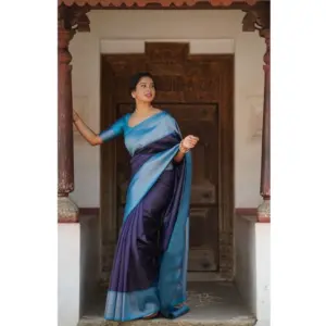 Women's Soft Lichi Silk Printed Saree with Blouse – Blue