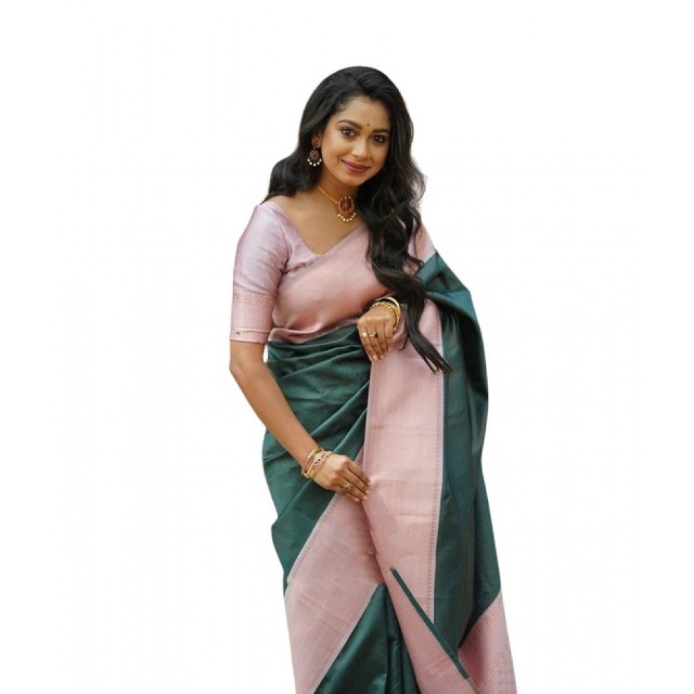 Women's Soft Lichi Silk Printed Saree with Blouse – Green