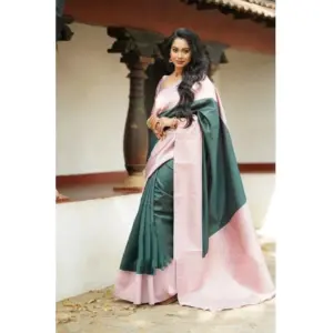 Women's Soft Lichi Silk Printed Saree with Blouse – Green