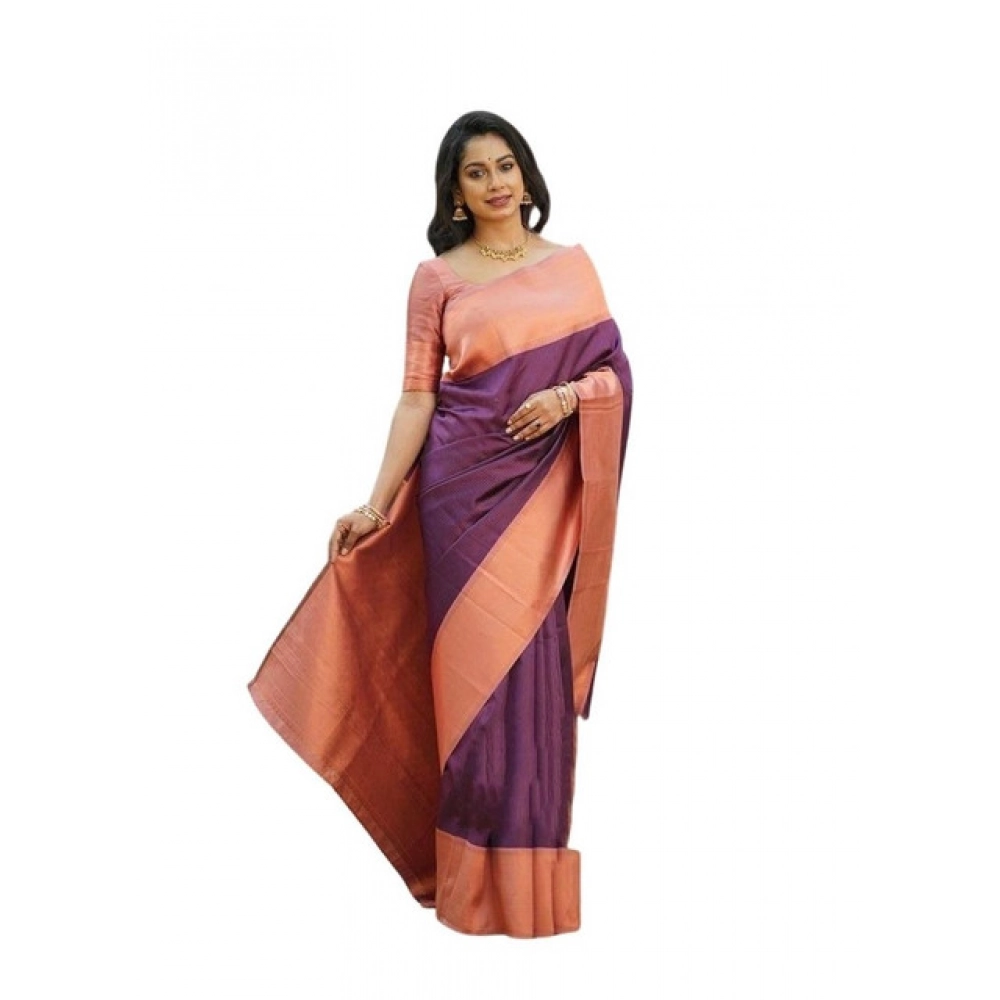 Women's Soft Lichi Silk Printed Saree with Blouse – Purple