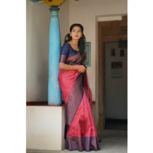 Women's Soft Lichi Silk Printed Saree with Blouse – Red