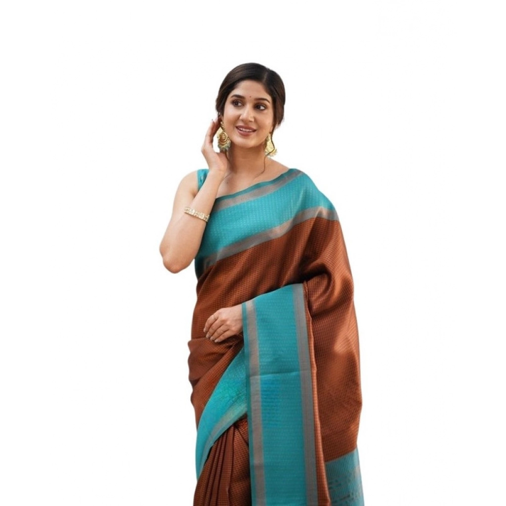 Women's Soft Lichi Silk Printed Saree with Blouse – Brown