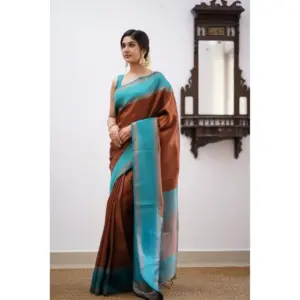 Women's Soft Lichi Silk Printed Saree with Blouse – Brown