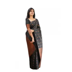 Women's Soft Lichi Silk Printed Saree with Blouse – Black
