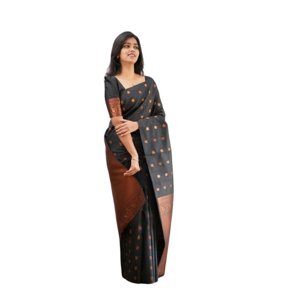Women's Soft Lichi Silk Printed Saree with Blouse – Black