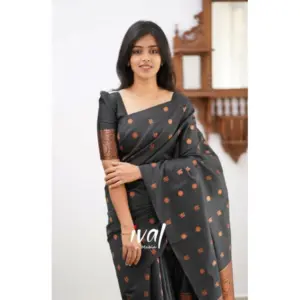 Women's Soft Lichi Silk Printed Saree with Blouse – Black