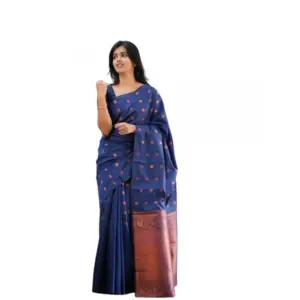 Women's Soft Lichi Silk Printed Saree with Blouse – Blue