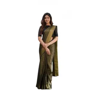 Women's Soft Lichi Silk Printed Saree with Blouse – Green