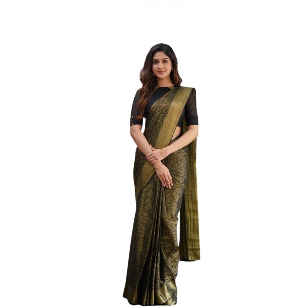 Women's Soft Lichi Silk Printed Saree with Blouse – Green