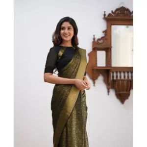 Women's Soft Lichi Silk Printed Saree with Blouse – Green