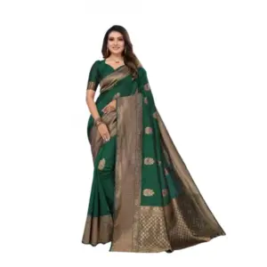 Women's Soft Lichi Silk Printed Saree with Blouse – Green