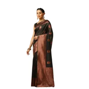 Women's Soft Lichi Silk Printed Saree with Blouse – Black