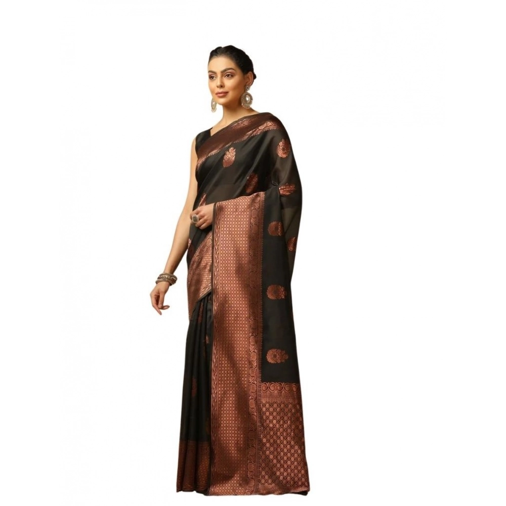 Women's Soft Lichi Silk Printed Saree with Blouse – Black