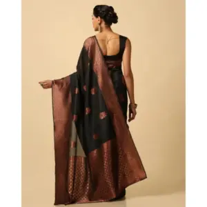 Women's Soft Lichi Silk Printed Saree with Blouse – Black