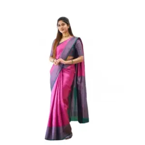Women's Soft Lichi Silk Printed Saree with Blouse – Pink
