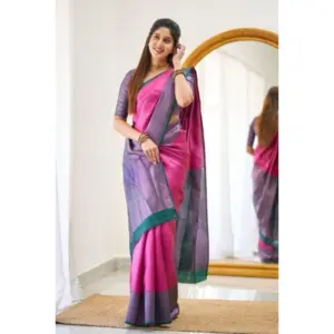 Women's Soft Lichi Silk Printed Saree with Blouse – Pink
