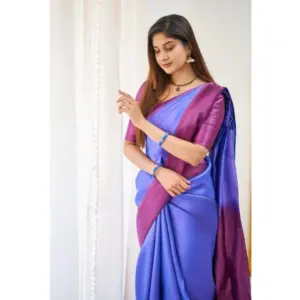 Women's Soft Lichi Silk Printed Saree with Blouse – Blue