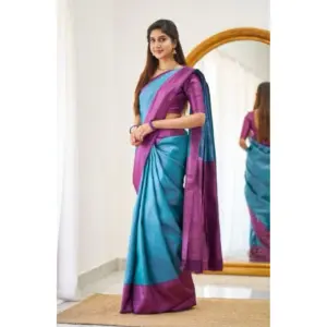 Women's Soft Lichi Silk Printed Saree with Blouse – Sku Blue
