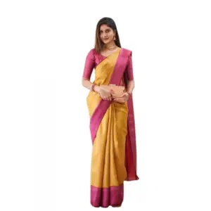 Women's Soft Lichi Silk Printed Saree with Blouse – Mustard