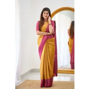 Women's Soft Lichi Silk Printed Saree with Blouse – Mustard
