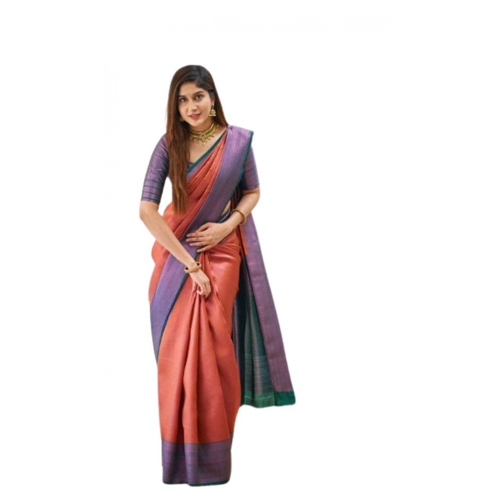 Women's Soft Lichi Silk Printed Saree with Blouse – Orange