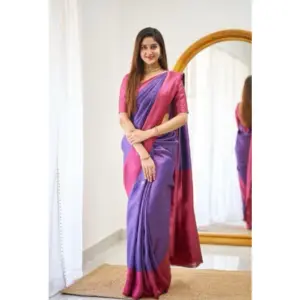 Women's Soft Lichi Silk Printed Saree with Blouse – Purple
