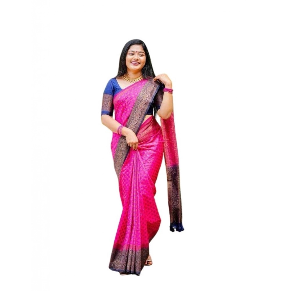 Women's Soft Lichi Silk Printed Saree with Blouse – Pink
