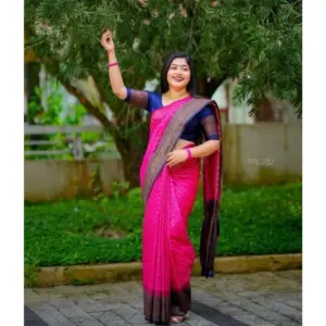 Women's Soft Lichi Silk Printed Saree with Blouse – Pink