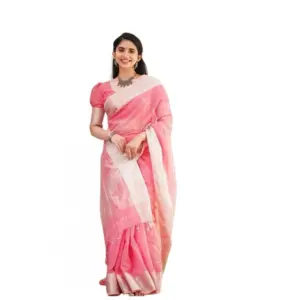 Women's Soft Lichi Silk Printed Saree with Blouse – Pink