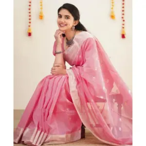 Women's Soft Lichi Silk Printed Saree with Blouse – Pink
