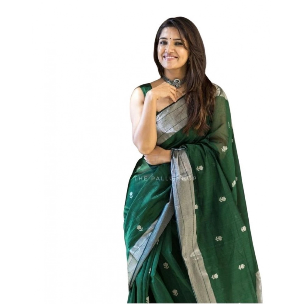 Women's Soft Lichi Silk Printed Saree with Blouse – Green