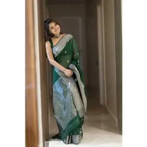 Women's Soft Lichi Silk Printed Saree with Blouse – Green