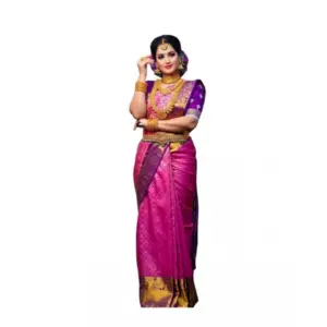 Women's Soft Lichi Silk Printed Saree with Blouse – Pink