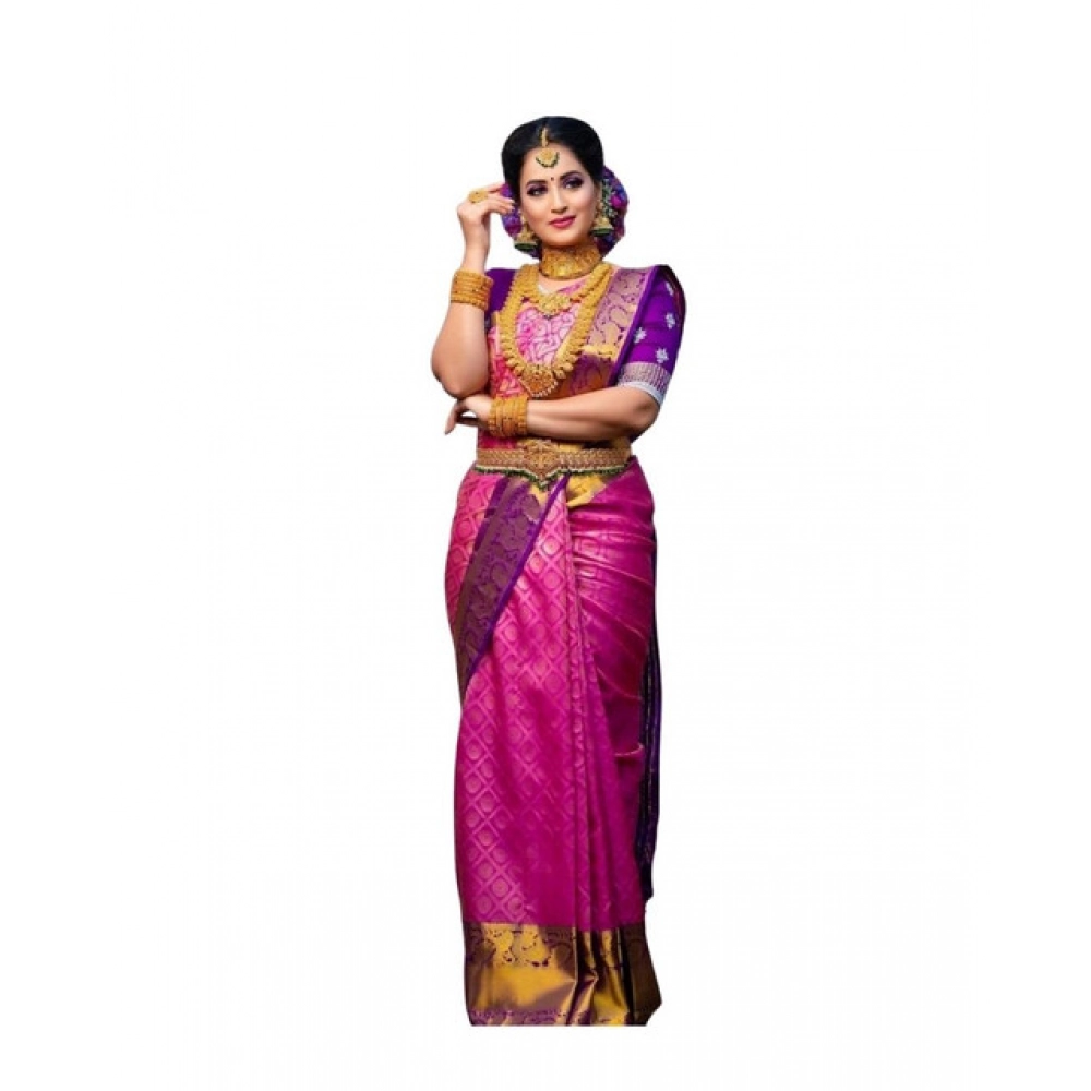 Women's Soft Lichi Silk Printed Saree with Blouse – Pink