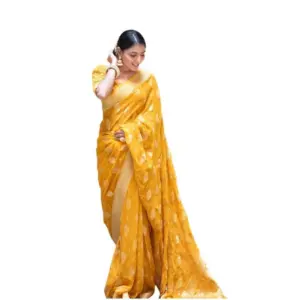 Women's Soft Lichi Silk Printed Saree with Blouse – Yellow