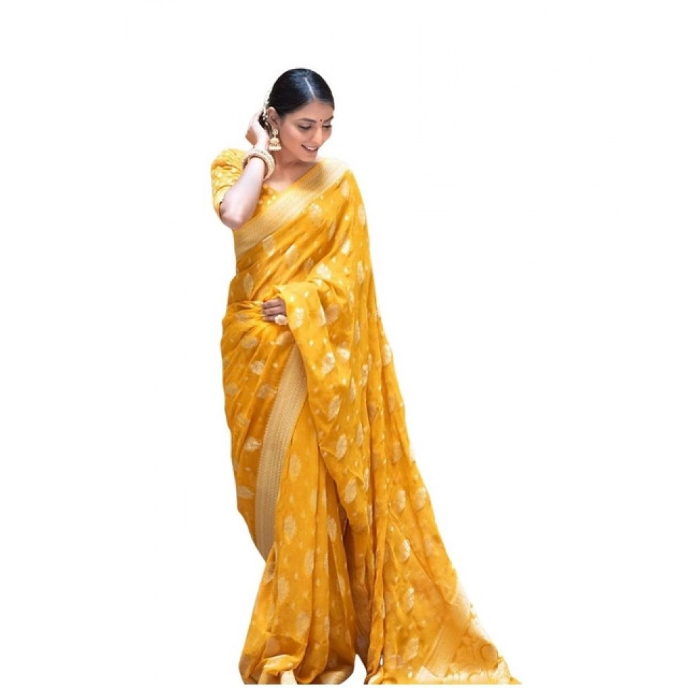 Women's Soft Lichi Silk Printed Saree with Blouse – Yellow