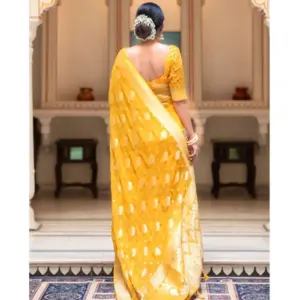 Women's Soft Lichi Silk Printed Saree with Blouse – Yellow