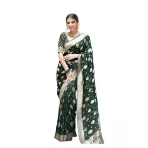 Women's Soft Lichi Silk Printed Saree with Blouse – Green