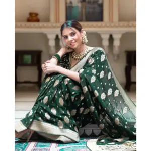 Women's Soft Lichi Silk Printed Saree with Blouse – Green