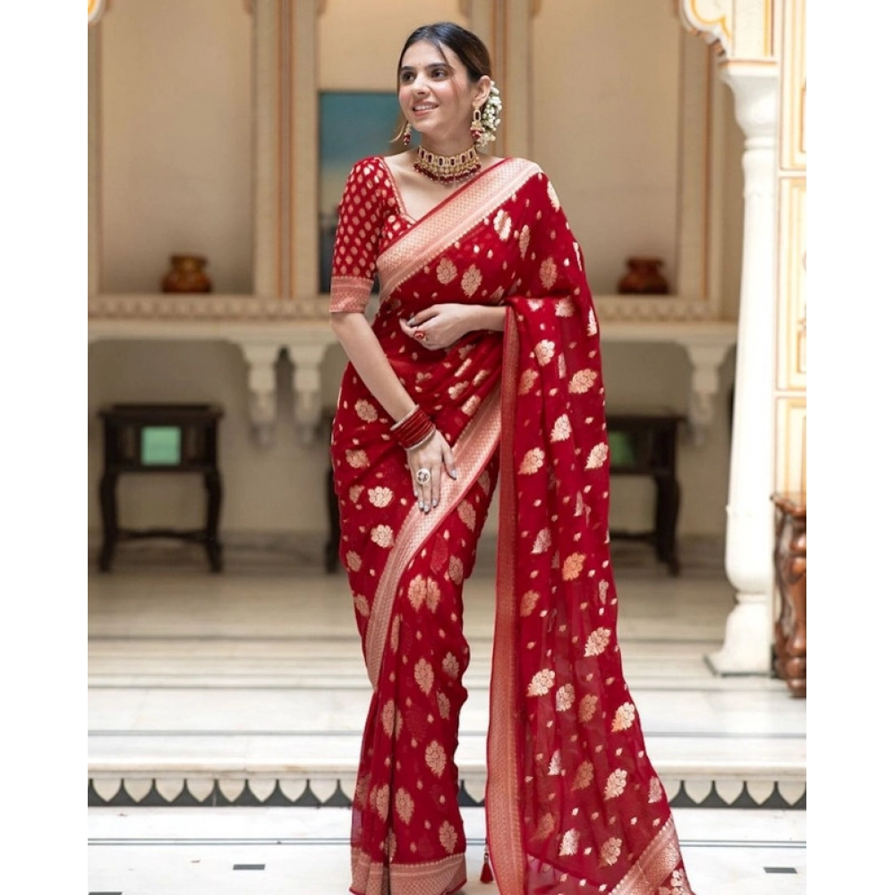Women's Soft Lichi Silk Printed Saree with Blouse – Red