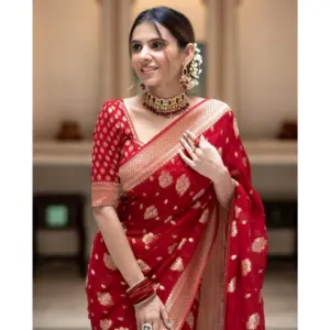 Women's Soft Lichi Silk Printed Saree with Blouse – Red